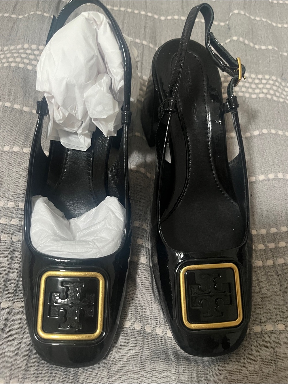 Tory Burch Black Patent Slingback Pumps with Gold Logo Accent